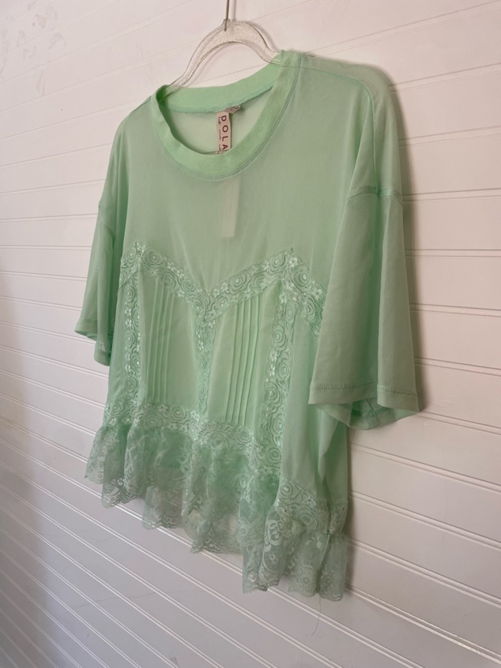 Anthropologie Dolan Short Sleeve Sheer Lace Blouse Mint Green NEW Size Medium - Picture 6 of 9